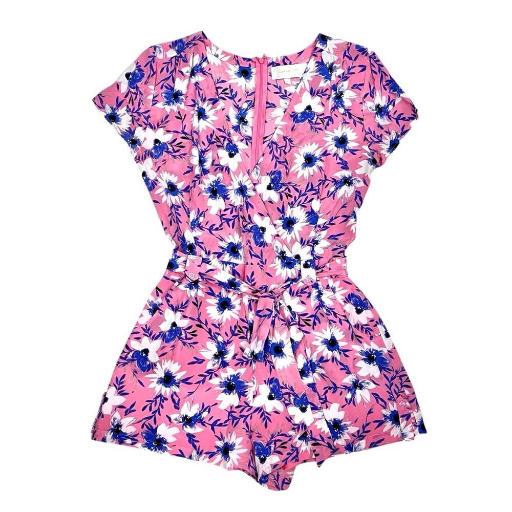 Yumi Kim Paradise Faux Wrap Surplice Romper Jumpsuit Pink Floral Safari Silk - Picture 2 of 16